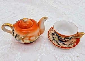 Minature Japanese Porcelain Dragonware Moriage Tea Cup Saucer Raised Dragon - Picture 1 of 24
