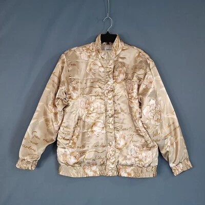 Chaqueta para mujer Oleg Cassini con cremallera botón perlado floral satinado forrada tostada talla M Foto 1 de 4