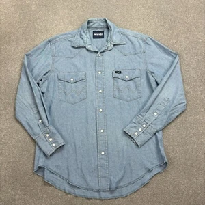 Wrangler Denim Shirt Womens Medium Blue Cowboy Cut Rodeo Snap Western USA Lady - Picture 1 of 9