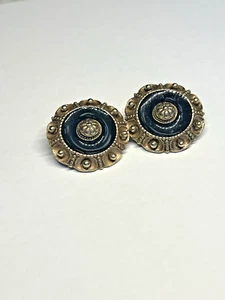 Statement Vintage 1990s Unique CLIP-ON Black Enamel Antique Gold Tone Earrings  - Picture 1 of 2