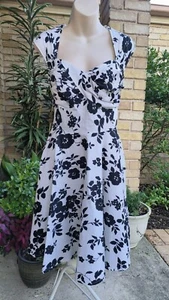 BELLE POQUE - Retro 50s Rockabilly White Full Swing Dress Black Floral Print L - Picture 1 of 12