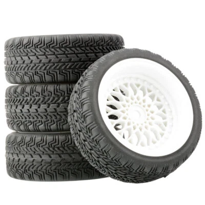 4pcs RC 1/10 Scale Rubber Tires Wheels Rim 12mm Hex For HSP HPI Kyosho Tamiya D4 - Image 1 of 4