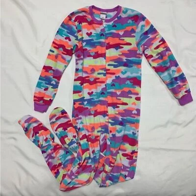 Neon Camo Camouflage Soft Fleece Footed Feetie Footy Pajamas PJs Girl’s Medium - Image 1 of 4