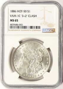1886 HOT-50 VAM-1C Morgan Silver Dollar $1 NGC MS65 "3+2" Clash Reverse