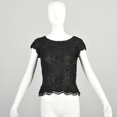 Small 1960s Black Lace Top Beaded Fringe Scoop Neck Scalloped Hem Silk Top - Image 1 of 4