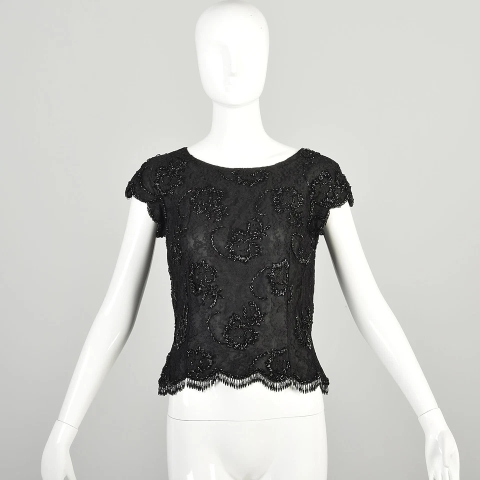 Small 1960s Black Lace Top Beaded Fringe Scoop Neck Scalloped Hem Silk Top - Image 1 of 4