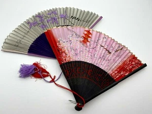Two Vintage Oriental Fabric Bamboo Silk thread Folding Hand Held Fan - Picture 1 of 10