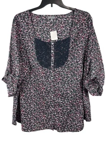 Essentials Plus Size 3X Navy Pink Floral Button Front Blouse Top Lace Yoke NWT - Picture 1 of 13
