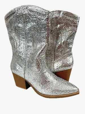 Crown Vintage Swifty Nashville Rhinestone Cowgirl Boots Size 7 Silver Glam Bling - Image 1 of 4