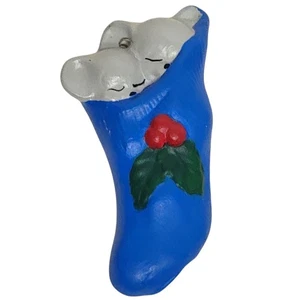 Mouse in Stocking Christmas Ornament Handpainted Ceramic Blue Holiday Decoration - Picture 1 of 5