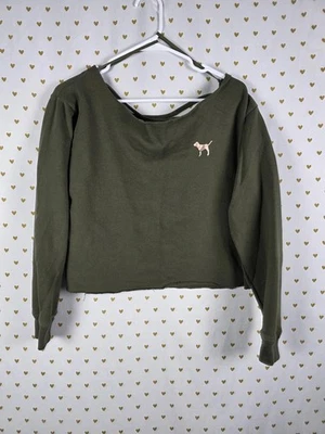 Victorias Secret Pink GREEN Lace back open dog logo sweater shirt SMALL - Image 1 of 4