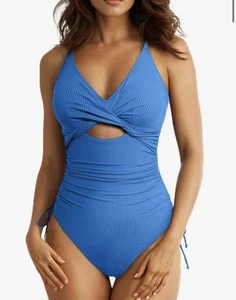 Aleumdr Ribbed One-Piece Tummy Control Cutout Padded Swimsuit Blue Large - Picture 1 of 8
