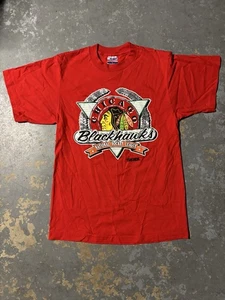 Vintage Chicago Blackhawks T Shirt Single Stitch USA NHL Hockey Size L 90s - Picture 1 of 7