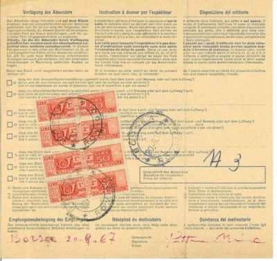 Bollettino postale L. 50 (4 pezzi) Pacchi Postali. + 3 francobolli Svizzera 1957 - Immagine 1 di 2