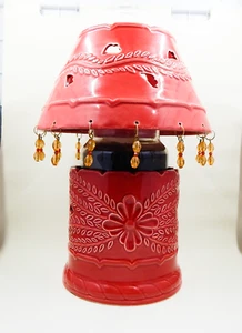 Blue Sky 2002 Large Candle Jar Ceramic Red Lamp Shade Base Fuchsia Bead Dangle - Picture 1 of 12
