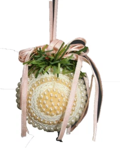 Vintage Christmas Ornament Beaded Ball Pink Ribbons and Pearls Bow Greenery - Picture 1 of 2