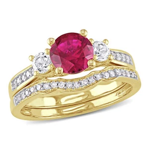 Amour 10k Gold Created Ruby Created Sapphire 1/8 CT TDW Diamond Bridal Ring Set - Picture 1 of 6