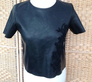 ZARA Size Small Black Faux Leather Front Short-Sleeved Top Embroidered Front S - Picture 1 of 7