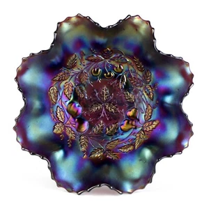 Northwood Three Fruits Medallion Amethyst Carnival Spatula Bowl, Antique 9" - Picture 1 of 9