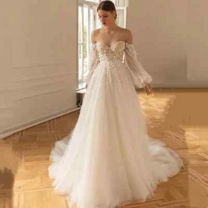 Off Shoulder A-Line Wedding Dress Lace Long Puff Sleeves Sweetheart Bride Dress - Picture 1 of 8