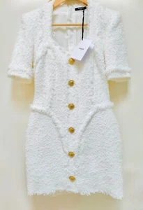 Balmain White Short Sleeve Fringed MiniDress Gold Buttons Size 36-New with Tag - Picture 1 of 19