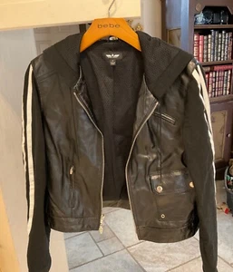 Bebe Leather & Cloth Black Motorcycle Jacket Hoodie White Stripes Size Medium - Picture 1 of 5