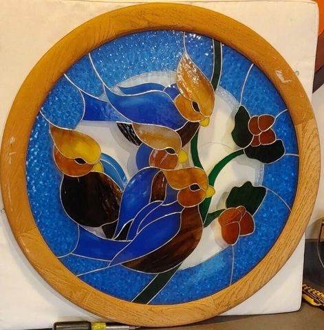 Vintage Large Round Stained Glass Birds With Acorns in Solid Oak Frame Cover