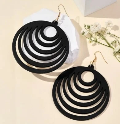 Boho Wood Black Circle Earrings - Image 1 of 2