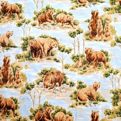 Cotton Fabric Bears Wilderness Forest Scene 18x42" Nature Print Blue Brown - Image 1 of 4
