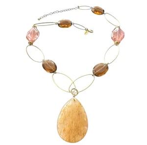 Lia Sophia Necklace Boho Glass Beads Chunky Teardrop Pendant Brushed Gold Signed - Picture 1 of 14