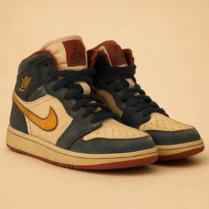 Nike Air Jordan 1 Mid UK5 / US 5.5Y Armory Navy Gold – Worn Vintage Look - Picture 1 of 12