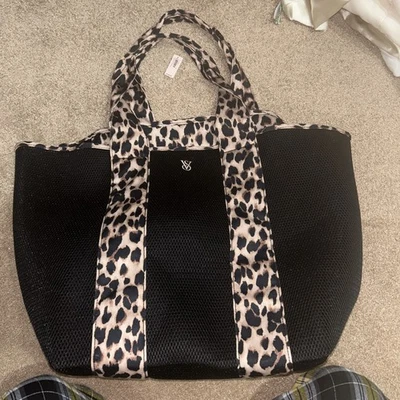 "Bolso de Mano Grande para Mujer Victoria Secret Negro Estampado de Leopardo Malla 24"" Playa Nuevo con Etiquetas" Foto 1 de 4
