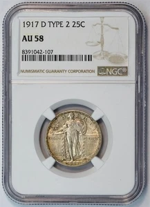 1917 D Standing Liberty Type 2 Silver Quarter AU 58 NGC 25C US COIN - Picture 1 of 4