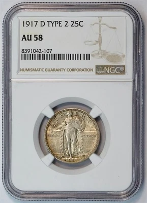 1917 D Standing Liberty Type 2 Silver Quarter AU 58 NGC 25C US COIN - Image 1 of 4