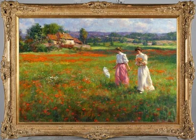 Handmade Old Master-Art Antique Oil Painting Women girl Flowers on canvas 24x36" - Image 1 of 2