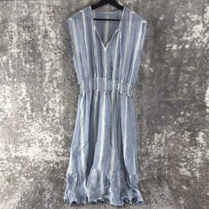 Rails Size XS Striped Linen Blend V Neck Drawstring Midi Fit Flared Dress Blue - Picture 1 of 10