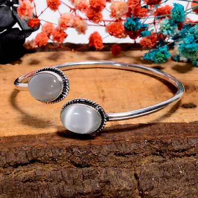 White Cats Eye Gemstone Handmade 925 Sterling Silver Cuff Adjustable d741 - Image 1 of 4
