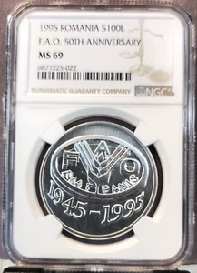 1995 ROMANIA SILVER 100 LEI FAO ANNIVERSARY NGC MS 69 RARE TOP POP 1 - Picture 1 of 3