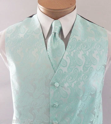 Aqua Green Men's Paisley Tuxedo Suit Dress Vest Waistcoat and Neck tie Wedding - Image 1 of 4