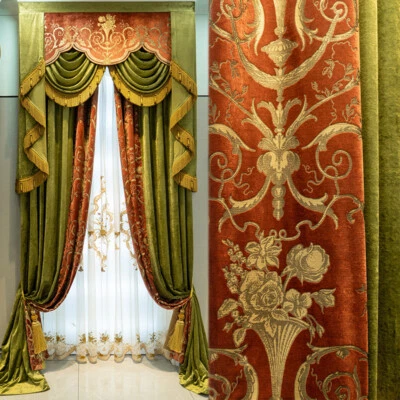 Clásico Europeo Chenilla Impresión Rojo Verde Grueso Cortina Cenefa Tul M1524 Foto 1 de 4