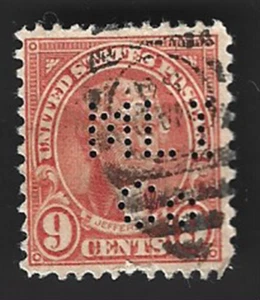 Scott# 641 9c JEFFERSON with Perfins & Duplex Cancel - (B-3) - Picture 1 of 2
