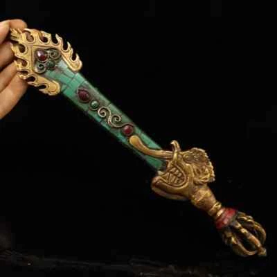Antique Tibetan Buddhist Manjushri Ritual Sword Copper Inlaid with Gemstones - Image 1 of 4
