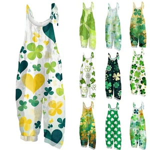 Women's Fashion St. Patrick's Day Printed Casual Loose Retro Suspender Jumpsuit - Picture 1 of 42