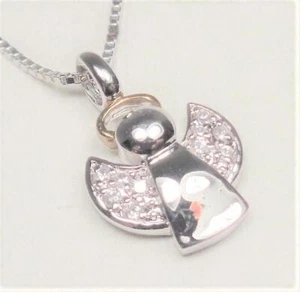 BEACH FASHION SILVER TONE RHODIUM GUARDIAN ANGEL WITH GOLD HALO PENDANT NECKLACE - Picture 1 of 7
