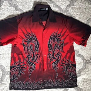 Vtg Dragon Asian Lounge Level Ten Button Up Shirt Red & Black Men XL Y2K 2000s - Picture 1 of 13