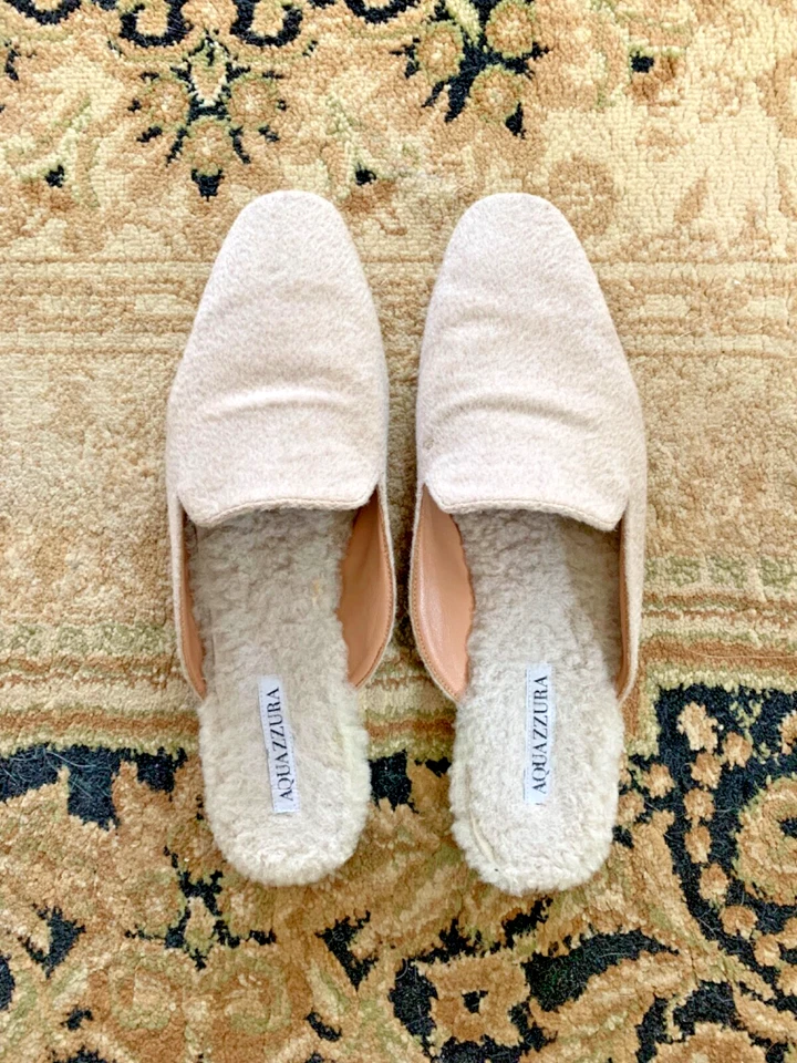 Aquazzura Slip On Shearling Forrado Mules 39 Italiano Preppy Silencioso Lujo Neutro Foto 1 de 4