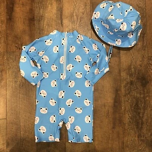 Kids Cartoon Swimsuit Rash Guard Bathing Suit Sun Hat Blue - Picture 1 of 6