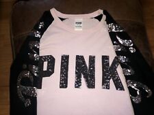 Victoria’s Secret Pink Sequins L/S Shirt BLING Pink Black Women’s Sz L READ!