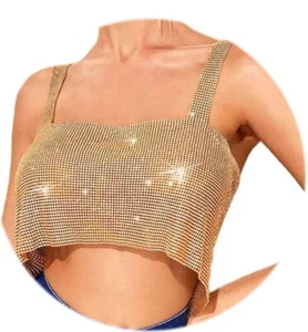Crop top Yokawe metallo dorato strass/cristallo, scintillante, festa, abbigliamento rave club, Y2K - Foto 1 di 3