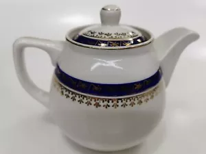 Old Cmielow Polish Porcelain TeaPot 50's White with Cobalt & Gold Tea Pot Rare - Picture 1 of 9